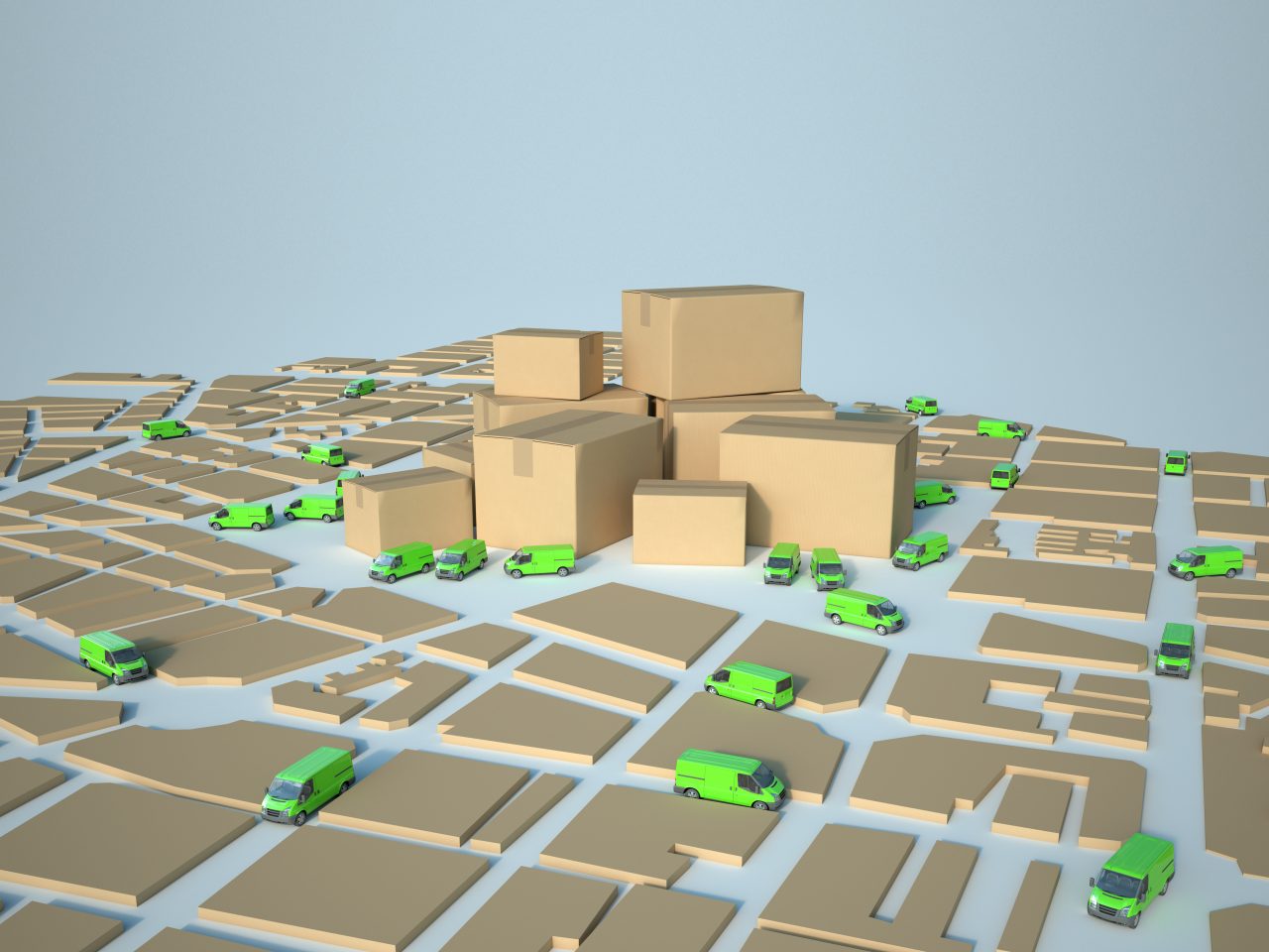 3D rendering of a cardboard textured map with green trucks circulating and a pile of cartons
