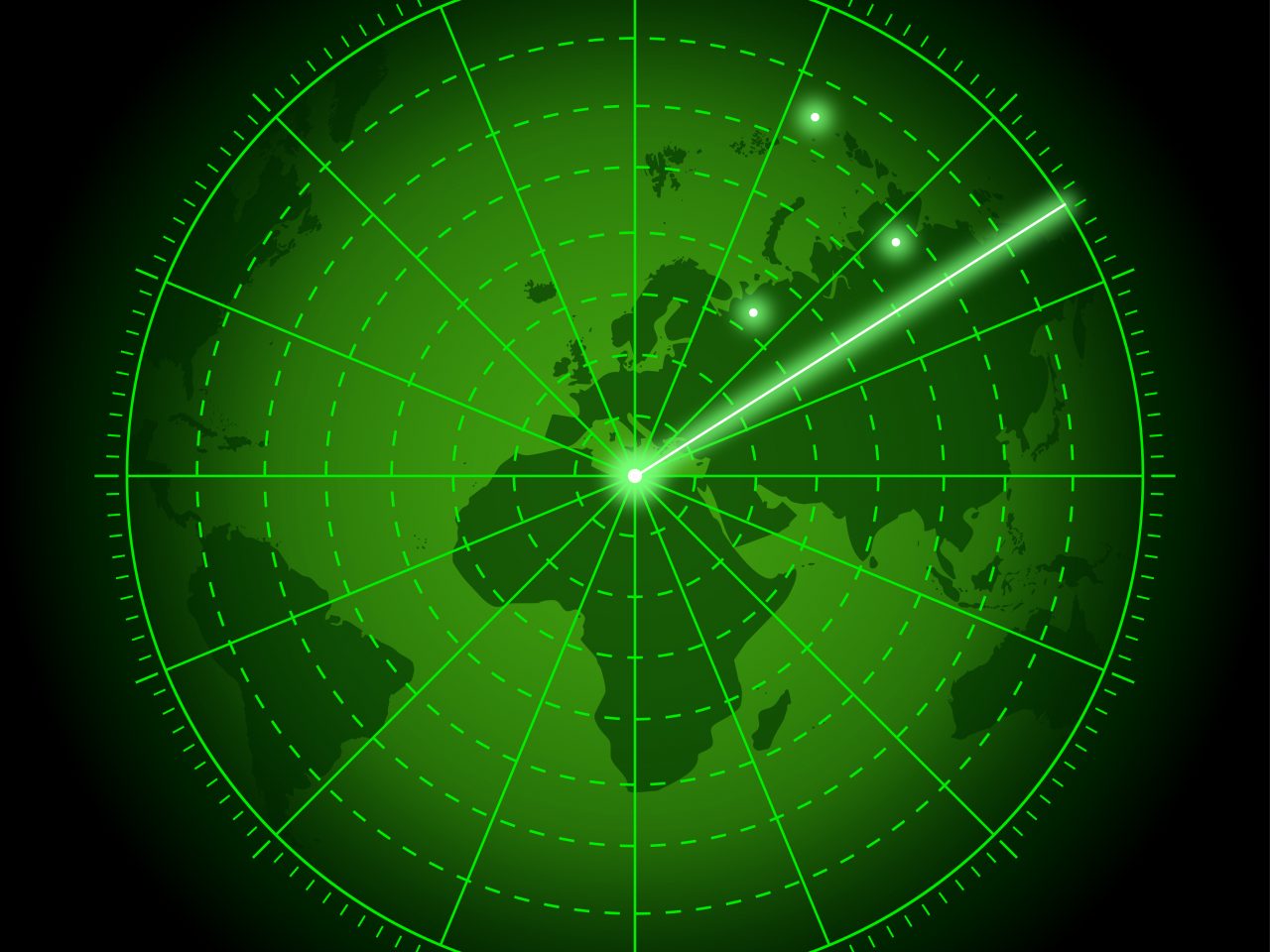 Green radar screen with world map. Background of air search system with blip. Vector illustration.